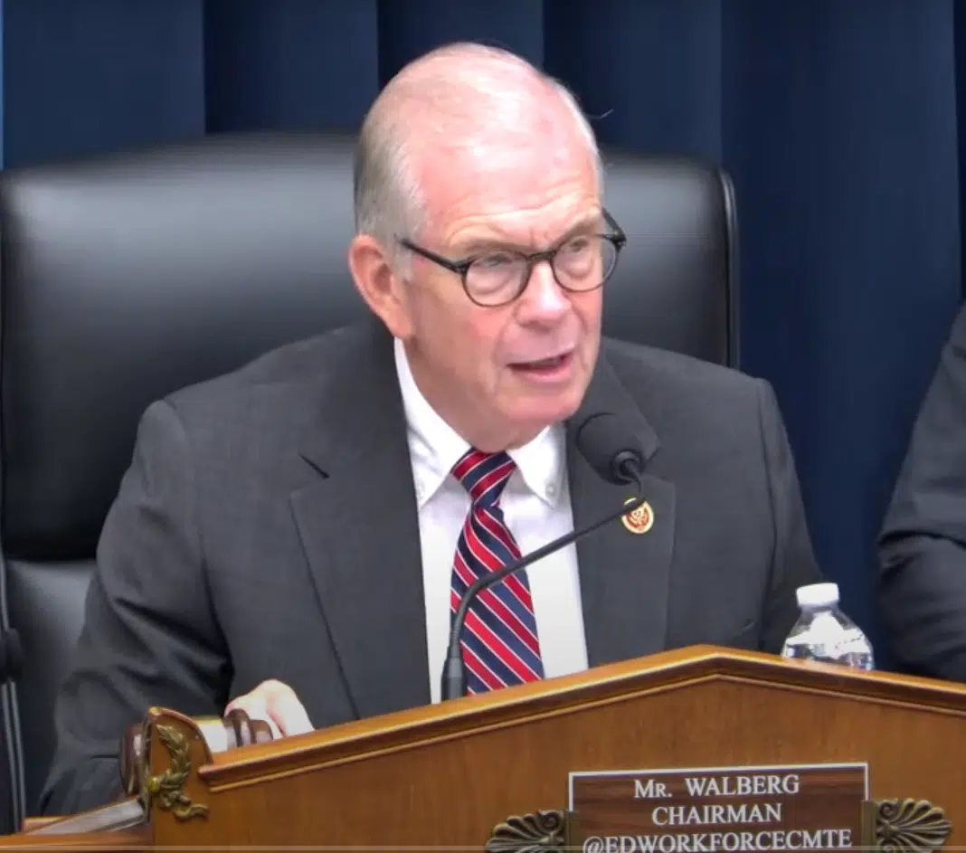 Chairman Tim Walberg speaking during the congressional hearing, titled “Antisemitism in Higher Education: Examining the Role of Faculty, Funding, and Ideology.”