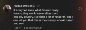 Social media comment claiming Zionism is “the concept of evil, naked and raw,” and asserting that Zionists should not be allowed in any country.