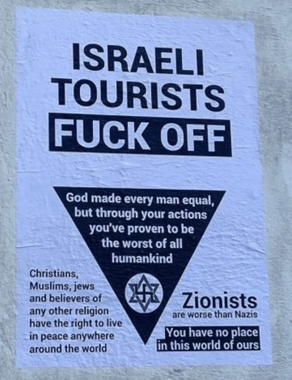 Antisemitic poster in Coimbra telling Israeli tourists to "fuck off," declaring Zionists worse than Nazis, and stating they have no place in the world.