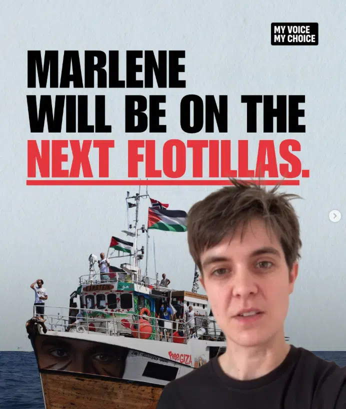 Marlene Engelhorn in front of a graphic reading “Marlene will be on the next flotillas,” with a photo of a Gaza-bound protest boat flying Palestinian flags.