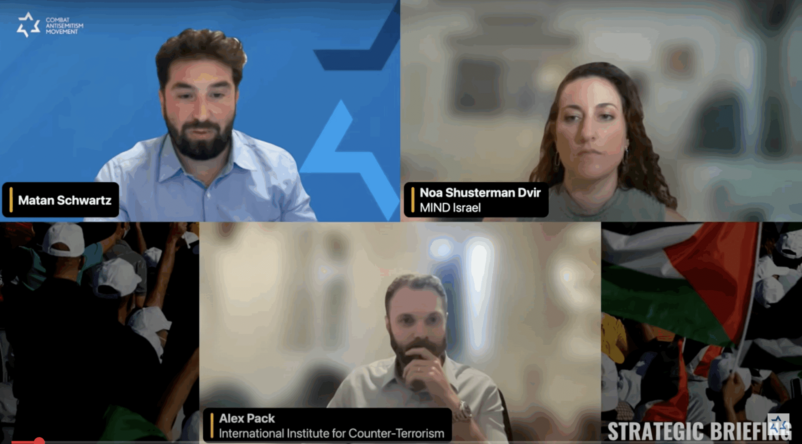 CAM’s August Strategic Briefing webinar, moderated by Matan Schwartz of the Combat Antisemitism Movement, featuring Noa Shusterman Dvir of MIND Israel and Alex Pack of the International Institute for Counter-Terrorism.