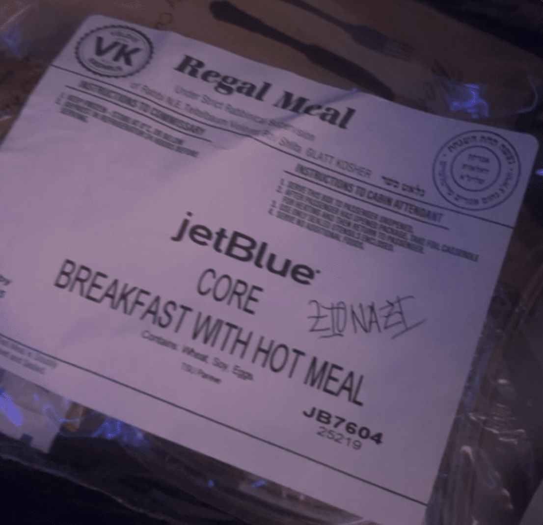 JetBlue kosher meal labeled with the word 'Zionazi,' sparking outrage over antisemitic harassment