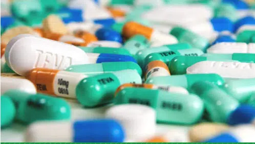 Close-up of Teva Pharmaceuticals pills and capsules