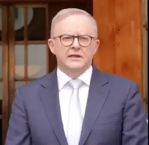 Australian Prime Minister Anthony Albanese speaks to the press