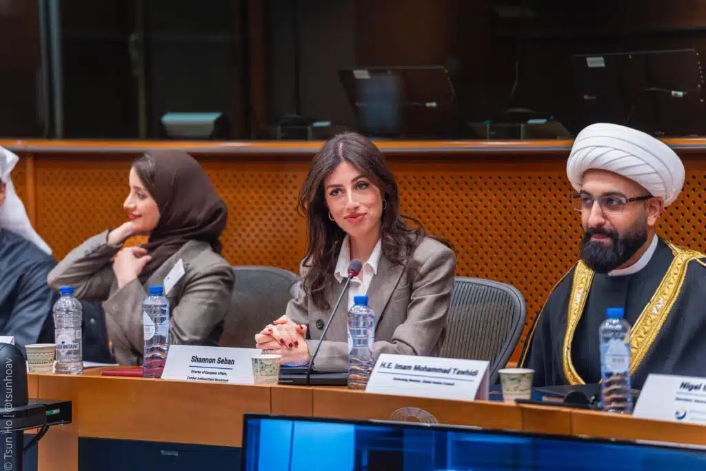 CAM Director of European Affairs Shannon Seban addresses the "Bridging Divides: Addressing Polarization & Radicalization Among Europe’s Youth" conference at the European Parliament, in Brussels, Belgium, Wednesday, Sept. 24, 2025.