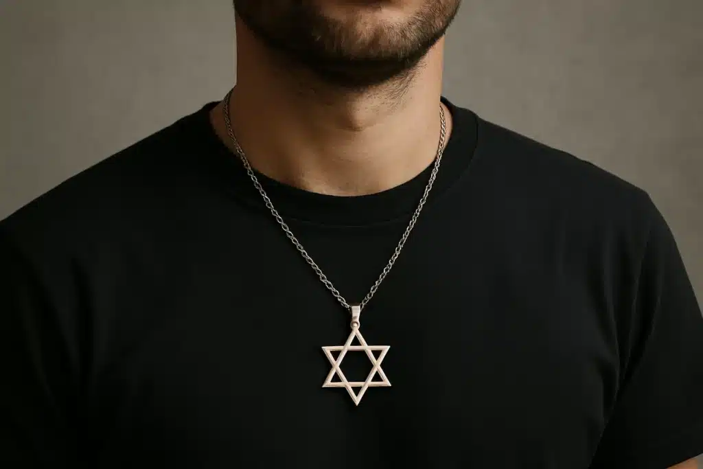 Close-up of a man wearing a Star of David necklace.