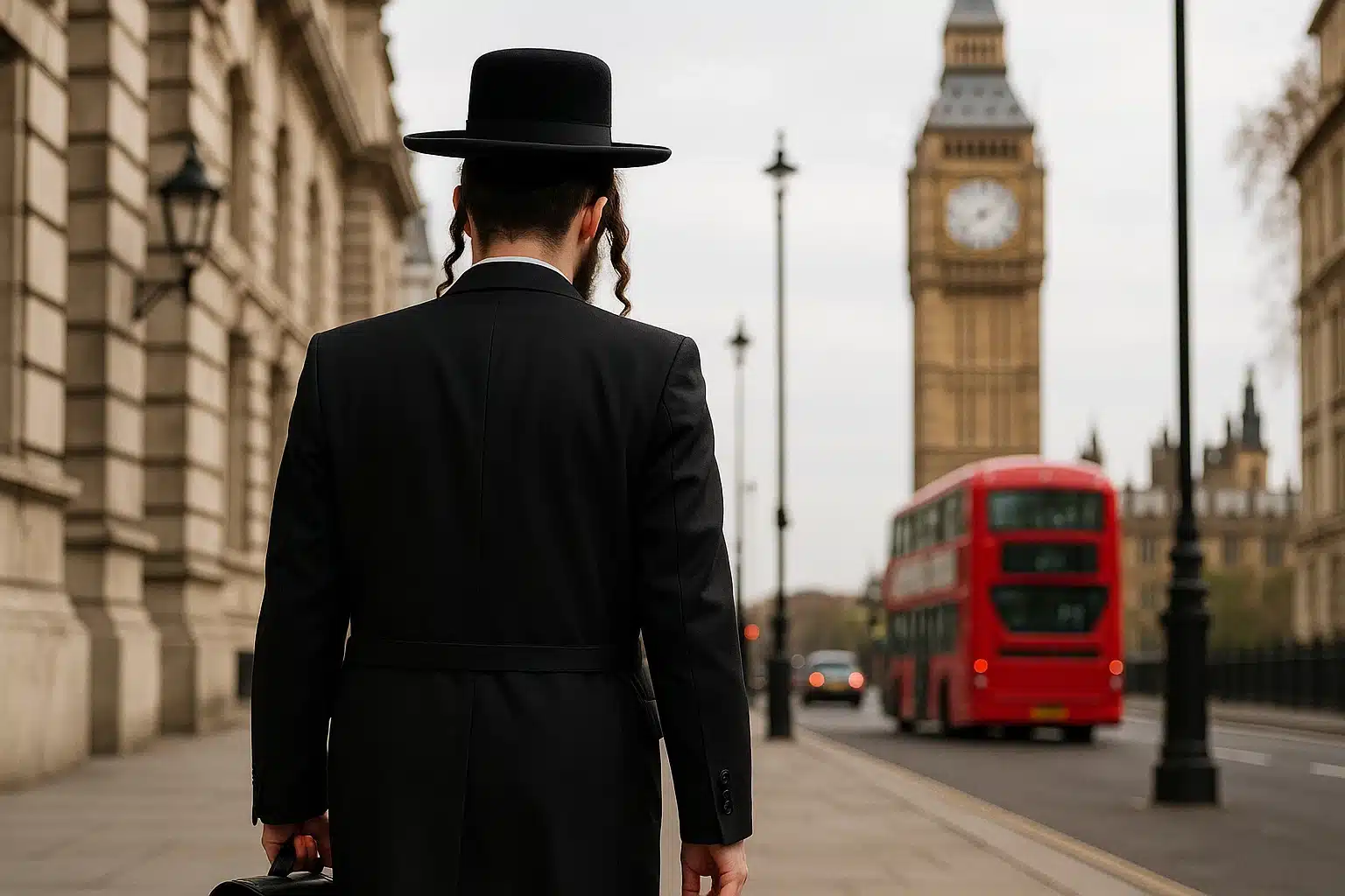 An Orthodox Jewish man walking in London, with a red double-decker bus passing by.