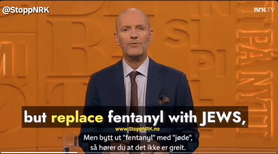A host on Norway’s state broadcaster NRK delivers an antisemitic joke comparing fentanyl to Jews during a televised episode of Nytt pp Nytt.