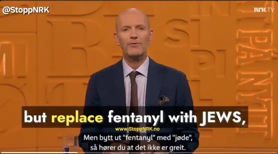A host on Norway’s state broadcaster NRK delivers an antisemitic joke comparing fentanyl to Jews during a televised episode of Nytt pp Nytt.