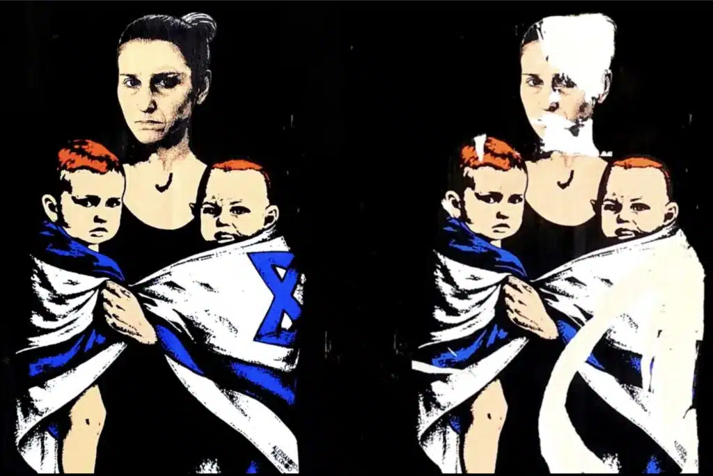 Side-by-side images of a mural depicting Shiri Bibas holding her two young sons, Ariel and Kfir, wrapped in an Israeli flag. The left side shows the original artwork; the right side shows the same mural defaced with white paint across their faces and flag.
