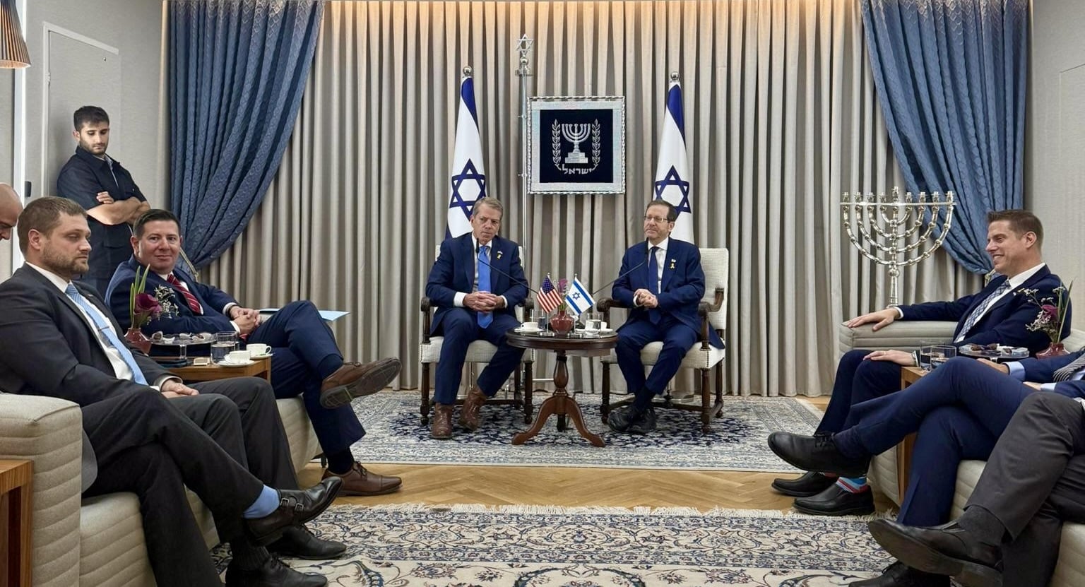 Nebraska Governor Jim Pillen meets with Israeli President Isaac Herzog in Jerusalem, joined by Chief of Staff David Lopez during the Governor’s trade and solidarity mission to Israel.