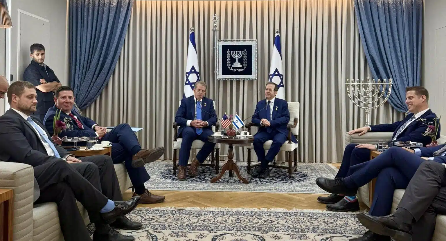 Nebraska Governor Jim Pillen meets with Israeli President Isaac Herzog in Jerusalem, joined by Chief of Staff David Lopez during the Governor’s trade and solidarity mission to Israel.