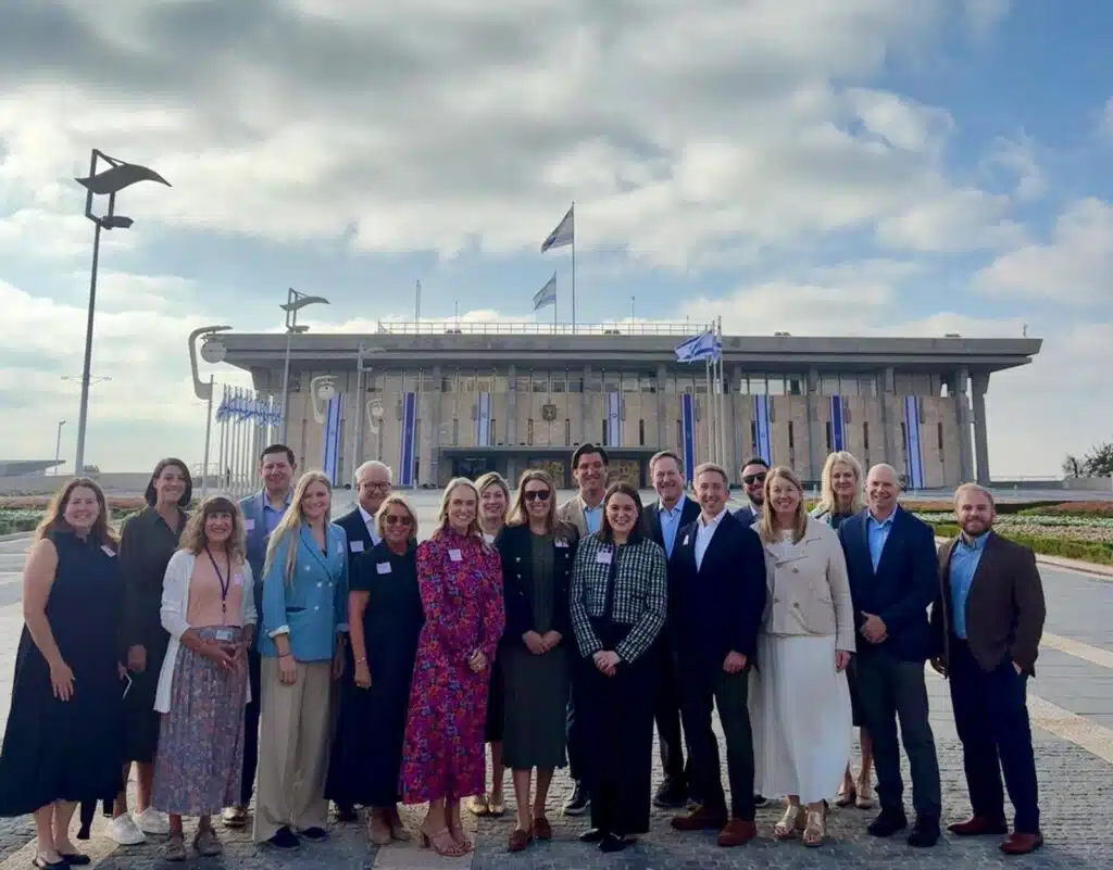 Members of the U.S. Governors’ Chiefs of Staff Delegation, including Nebraska Chief of Staff David Lopez, stand outside Israel’s Knesset in Jerusalem.