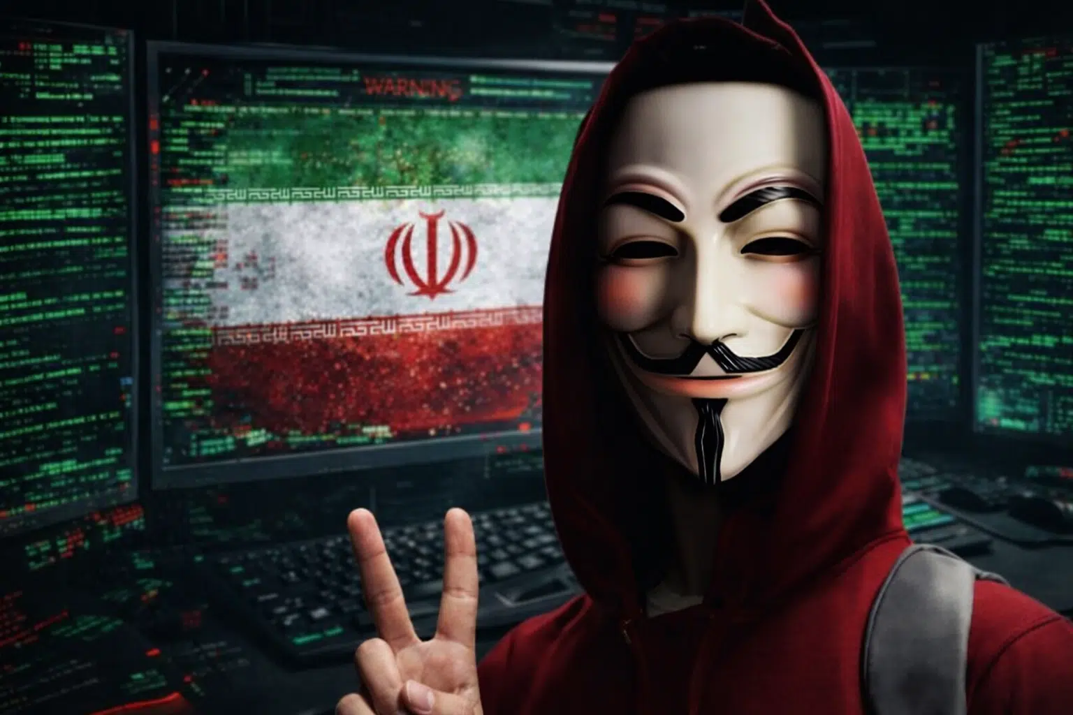 Illustrative image of a masked figure in front of computer screens displaying code and the Iranian flag, representing cyber threats linked to Iran.