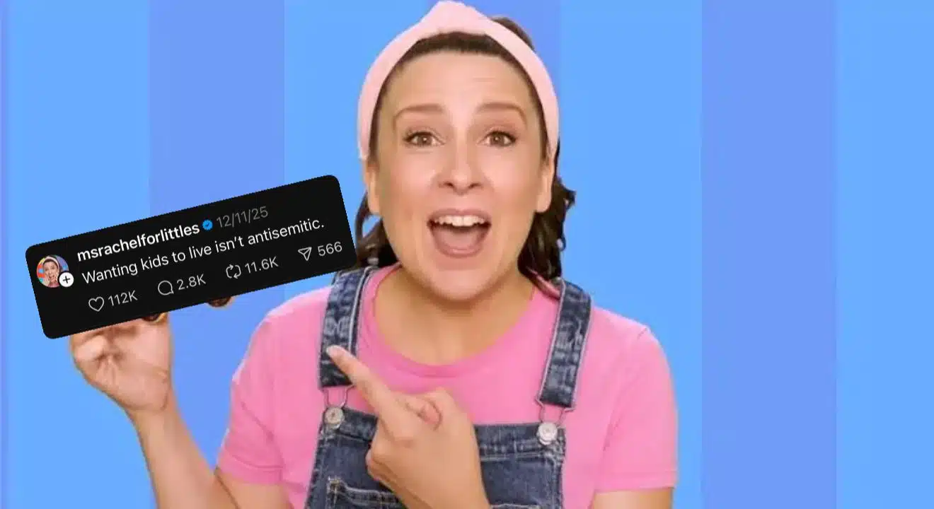 Children’s entertainer Ms. Rachel appears in a promotional image alongside a screenshot of a social media post stating, “Wanting kids to live isn’t antisemitic.”