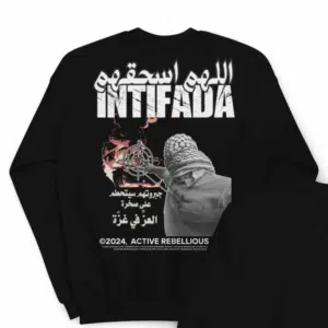 Black sweatshirt displayed online featuring the word “Intifada” in English and Arabic, a masked figure, and a target-style graphic, shown on the NetWalker12 website.