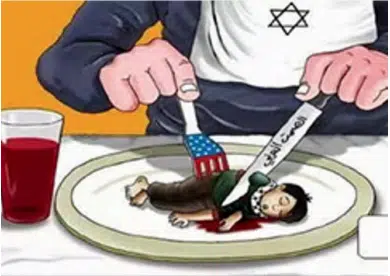 Illustration depicting a Jewish figure using a fork and knife to cut a Palestinian child on a plate, referencing an antisemitic blood libel trope shared on social media.