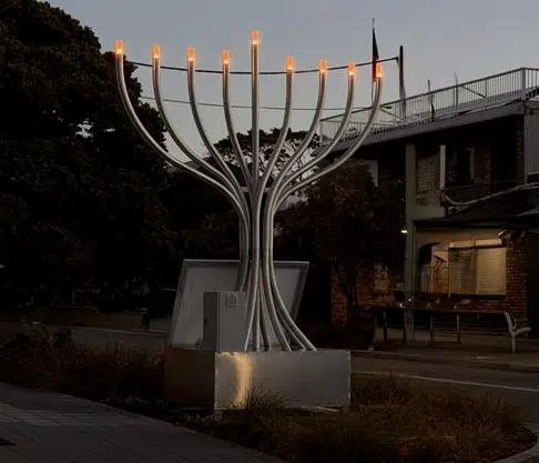 Temporary Hanukkah menorah designed by Jewish artist Joel Adler, relocated from Dover Heights to the Bondi Beach area as a memorial following the December 14 antisemitic terror attack.