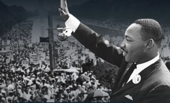 Dr. Martin Luther King Jr. addressing a massive crowd during the March on Washington in 1963, a defining moment of the U.S. Civil Rights Movement.