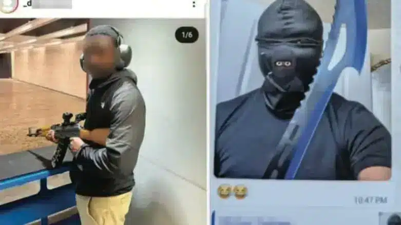 Masked man holding a firearm at an indoor shooting range and a separate image showing him wearing a black face covering while posing with a machete, shared during an undercover terrorism investigation.