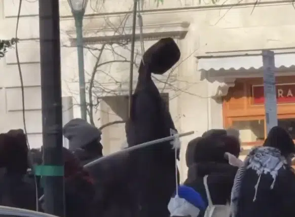 Protesters at an anti-Israel rally in Philadelphia display an effigy resembling an Israeli soldier hanging in a noose.