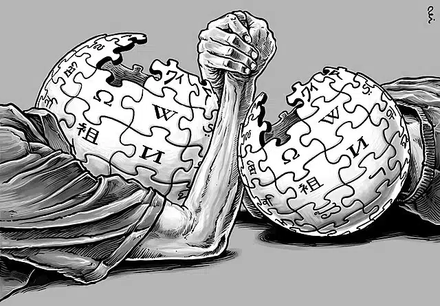 Illustration of two arms arm-wrestling over cracked Wikipedia globe puzzle spheres, symbolizing a struggle over control of online information.
