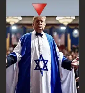 Image shared on social media depicting U.S. President Donald Trump draped in a robe resembling an Israeli flag, with a red inverted triangle above his head, echoing imagery used by Hamas to mark targets.