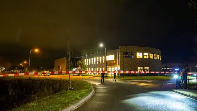 Police secure the Israel Centre in Nijkerk, Netherlands, after an explosive device detonated outside the gate of the pro-Israel Christian facility.