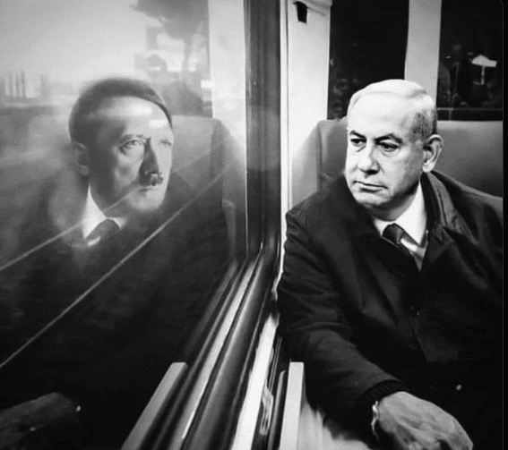 AI-generated image showing Benjamin Netanyahu seated on a train with Adolf Hitler’s reflection visible in the window.