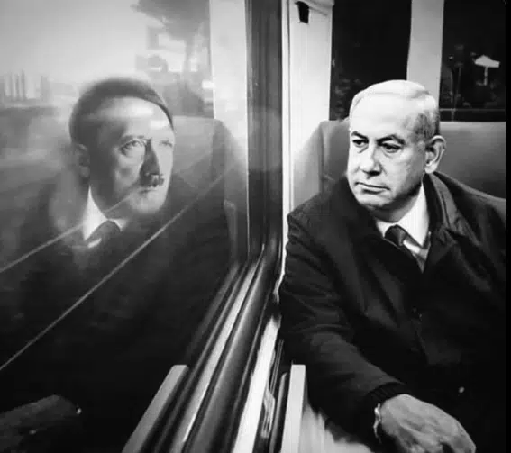 AI-generated image showing Benjamin Netanyahu seated on a train with Adolf Hitler’s reflection visible in the window.