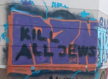 Antisemitic graffiti reading “Kill all Jews” sprayed on a wall in Berlin’s Pankow district