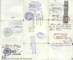 Transit visa issued by Japanese diplomat Chiune Sugihara, stamped and marked for travel through Japan during the Holocaust.