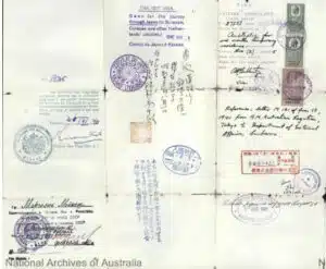 Transit visa issued by Japanese diplomat Chiune Sugihara, stamped and marked for travel through Japan during the Holocaust.