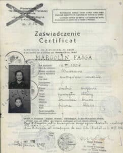 Official identification document for Margolin Fajga, issued during World War II, with attached photographs and official stamps.