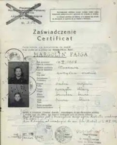 Official identification document for Margolin Fajga, issued during World War II, with attached photographs and official stamps.