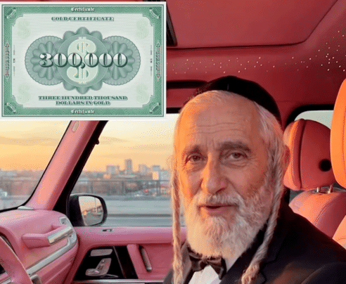 AI-generated image of a man styled as a rabbi sitting in a luxury car with a graphic of money, illustrating fake online personas promoting wealth and antisemitic narratives