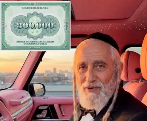 AI-generated image of a man styled as a rabbi sitting in a luxury car with a graphic of money, illustrating fake online personas promoting wealth and antisemitic narratives