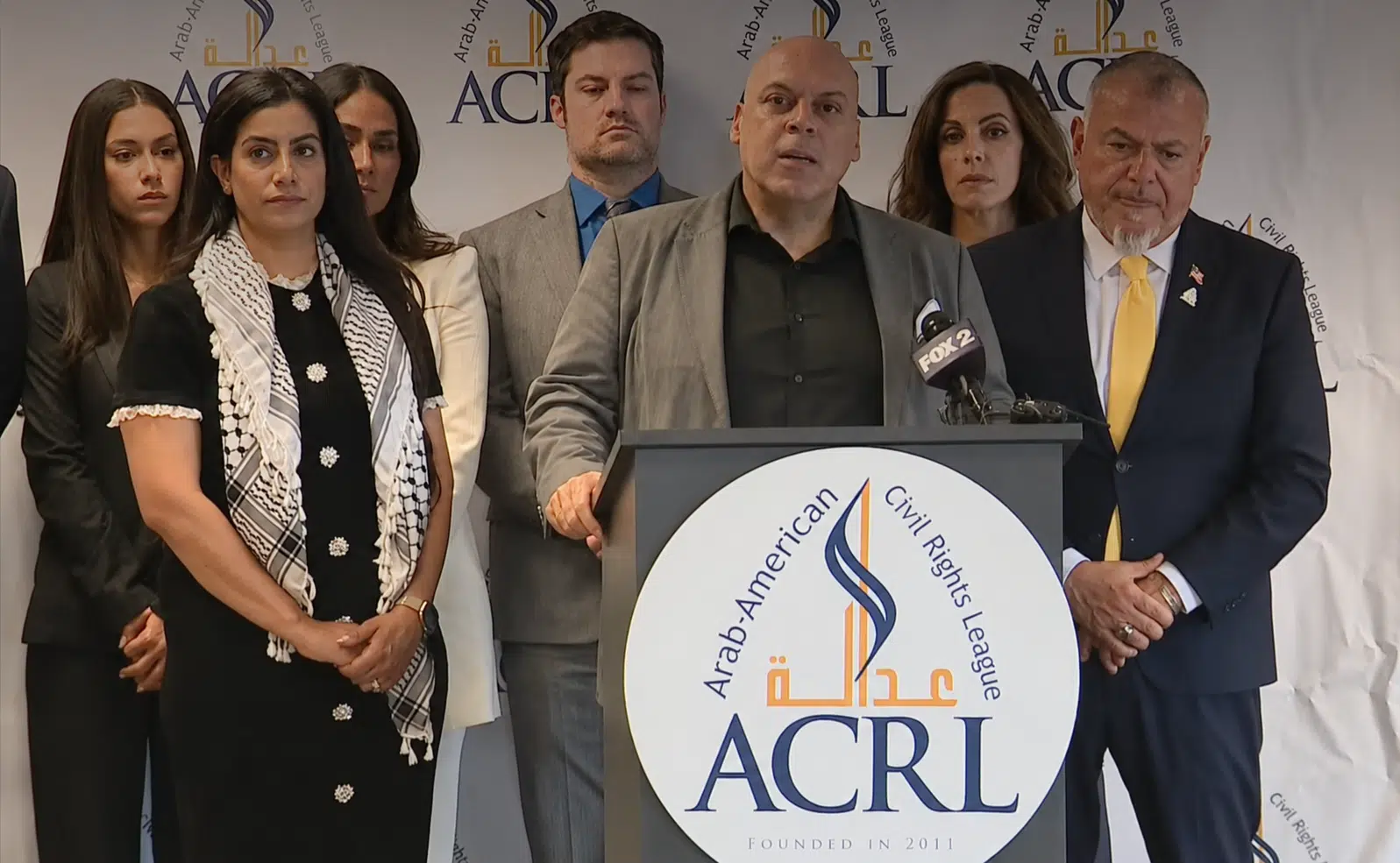 Attorney Amer Zahr speaks during a press conference about the Beverly Elementary School sticker controversy.