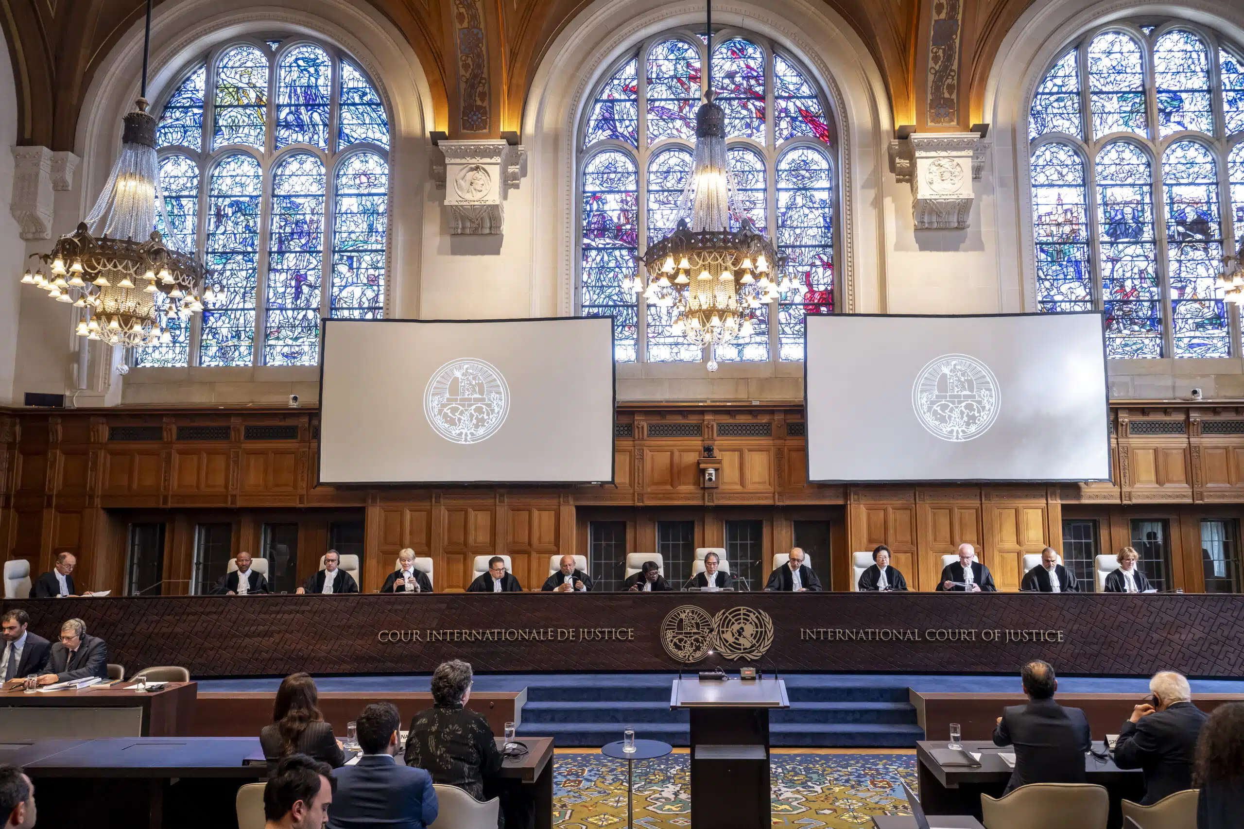 Judges at the International Court of Justice during proceedings in the Israel genocide case