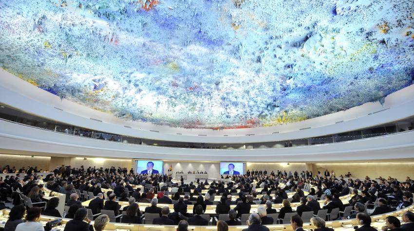 Delegates attend a session of the United Nations Human Rights Council in Geneva.