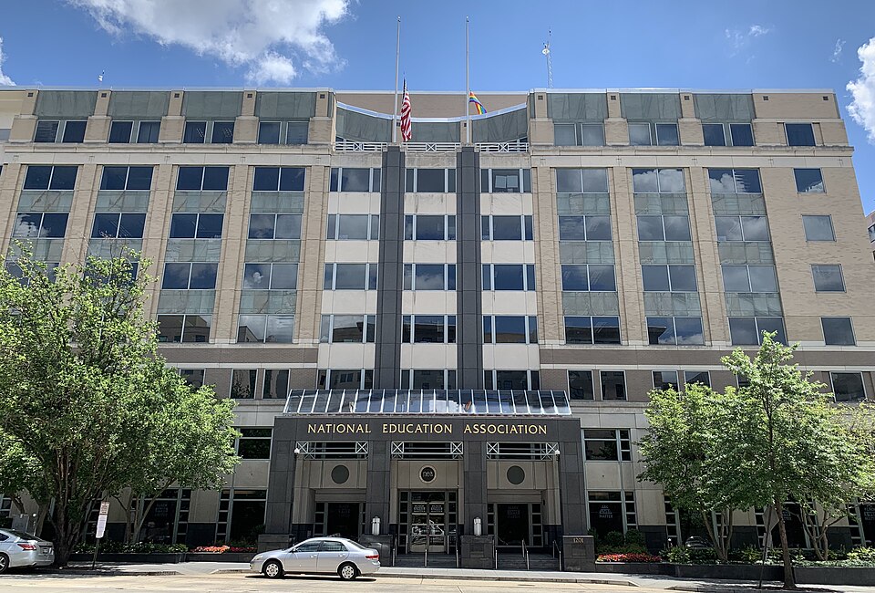 Exterior view of the National Education Association headquarters building in Washington, D.C., home of the nation's largest teachers union.