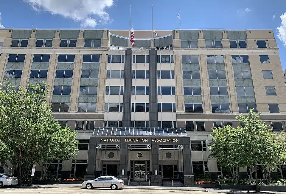 Exterior view of the National Education Association headquarters building in Washington, D.C., home of the nation's largest teachers union.