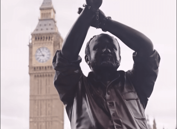 Statue of Marwan Barghouti displayed near Big Ben in London.