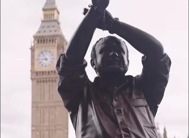 Statue of Marwan Barghouti displayed near Big Ben in London.
