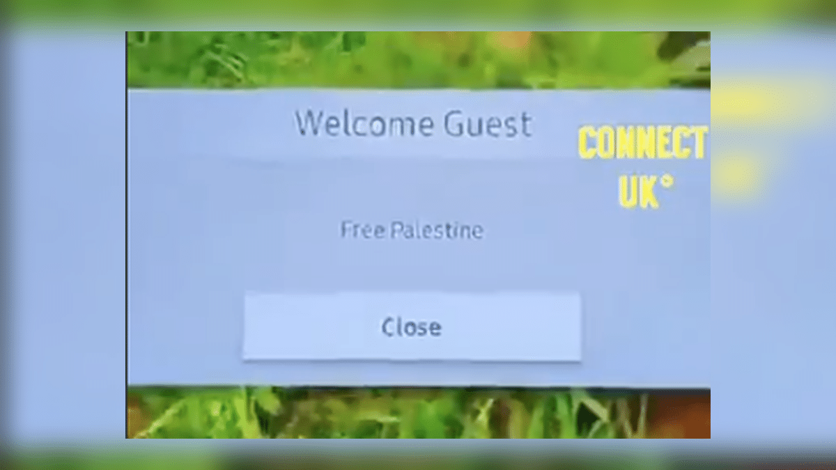 "Free Palestine" message displayed on a hotel television screen in London.