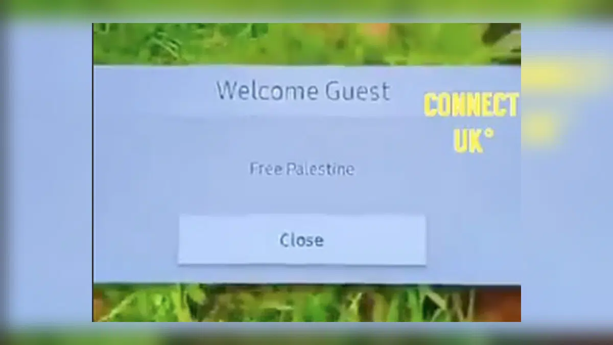 "Free Palestine" message displayed on a hotel television screen in London.