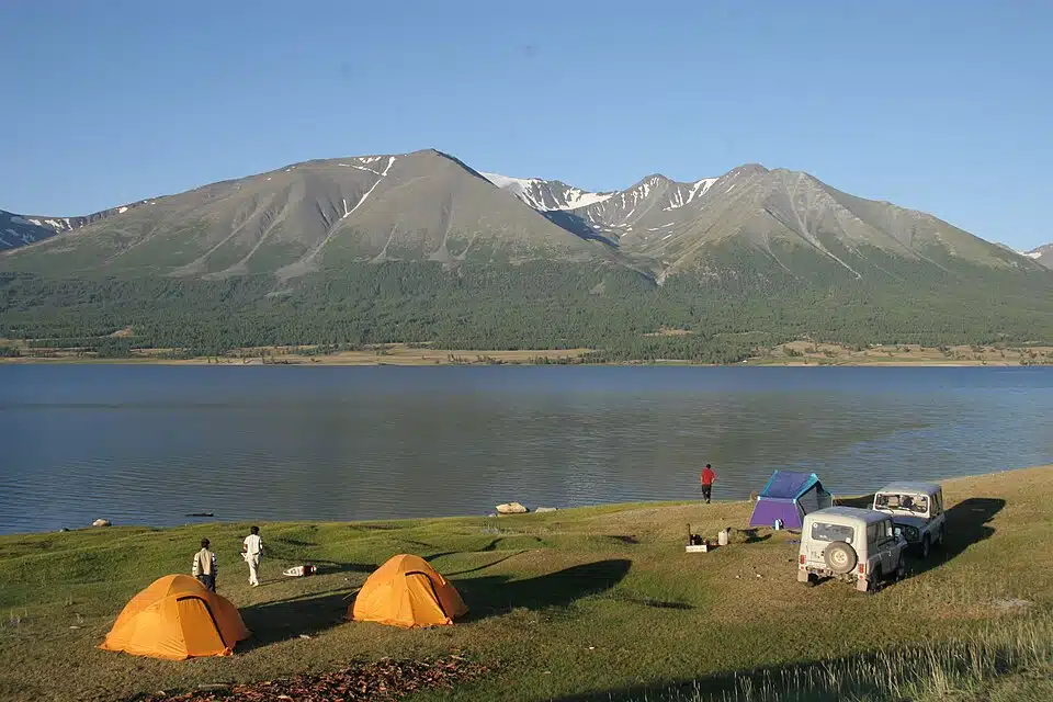 Campsite beside a lake in Mongolia