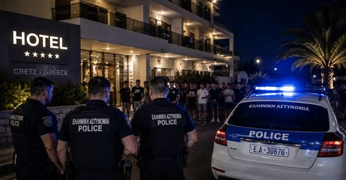 Greek police officers stand outside a hotel in Malia, Crete, after an alleged antisemitic attack in which an anti-Israel mob chased Israeli tourists into the hotel compound.