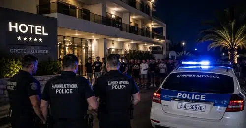 Greek police officers stand outside a hotel in Malia, Crete, after an alleged antisemitic attack in which an anti-Israel mob chased Israeli tourists into the hotel compound.