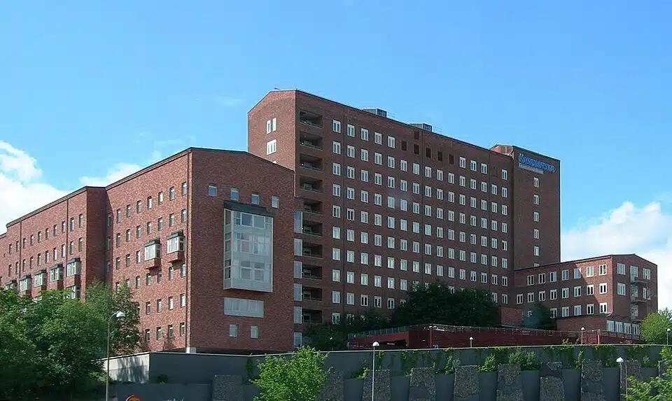 Exterior view of Karolinska University Hospital in Stockholm, Sweden